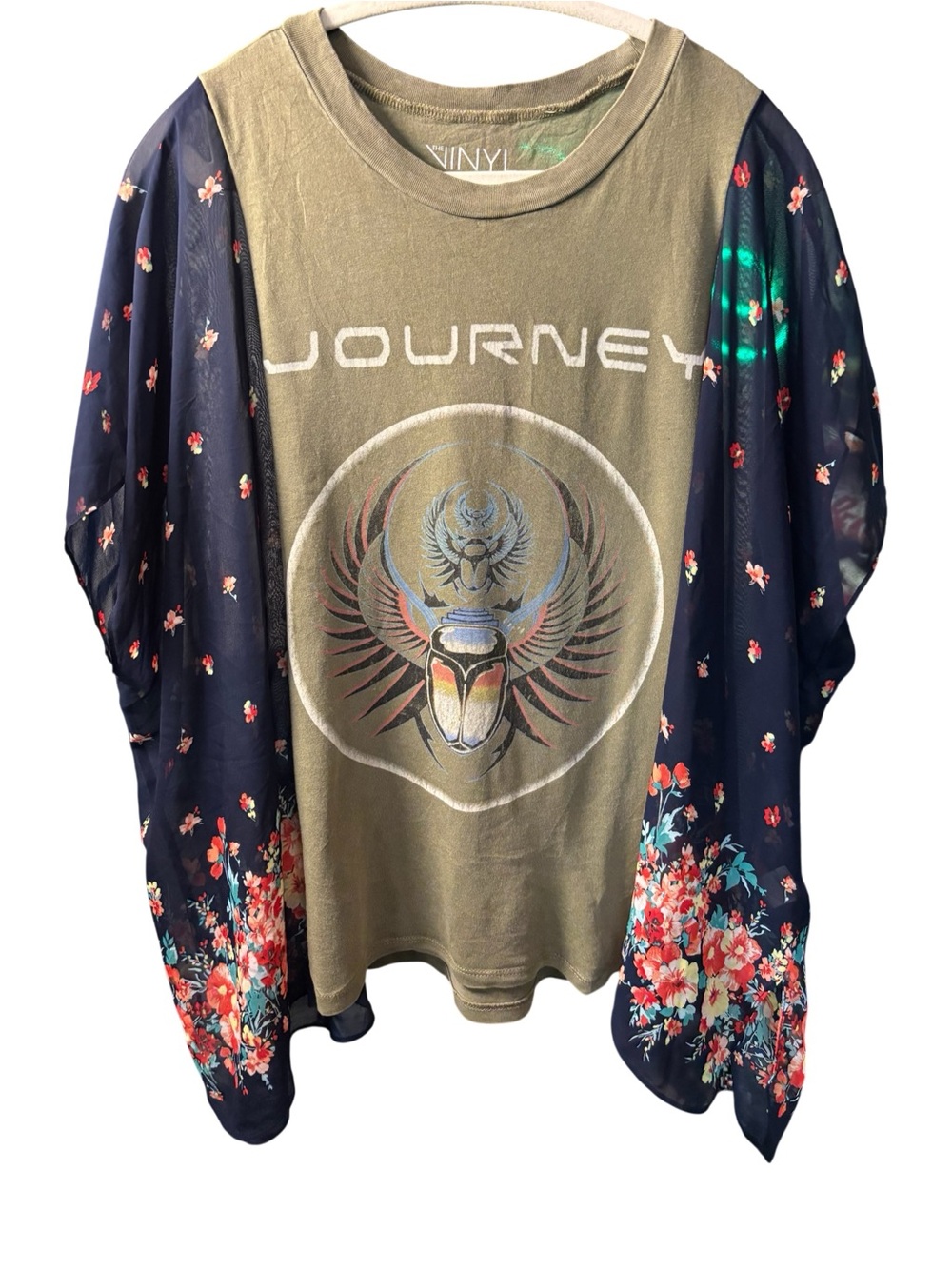 Upcycled Journey Graphic Tee with Floral Kimono for sleeves